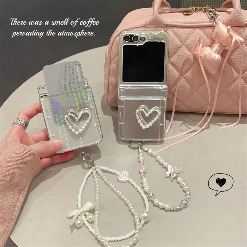 3D Love Heart Feather Yarn Cards Bracelet Phone Case For Samsung Galaxy Z Flip 6 5 4 3 Z Flip5 ZFlip5 Insert Cards Clear Cover