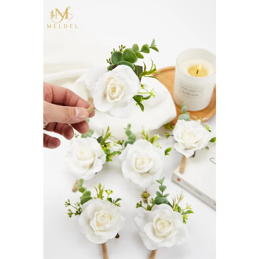 Boutonnieres de rosa blanca marfil para boda de hombres, juego de 2, ramillete artificial para baile de graduación, novio y padrinos de boda boutonniere para cerem