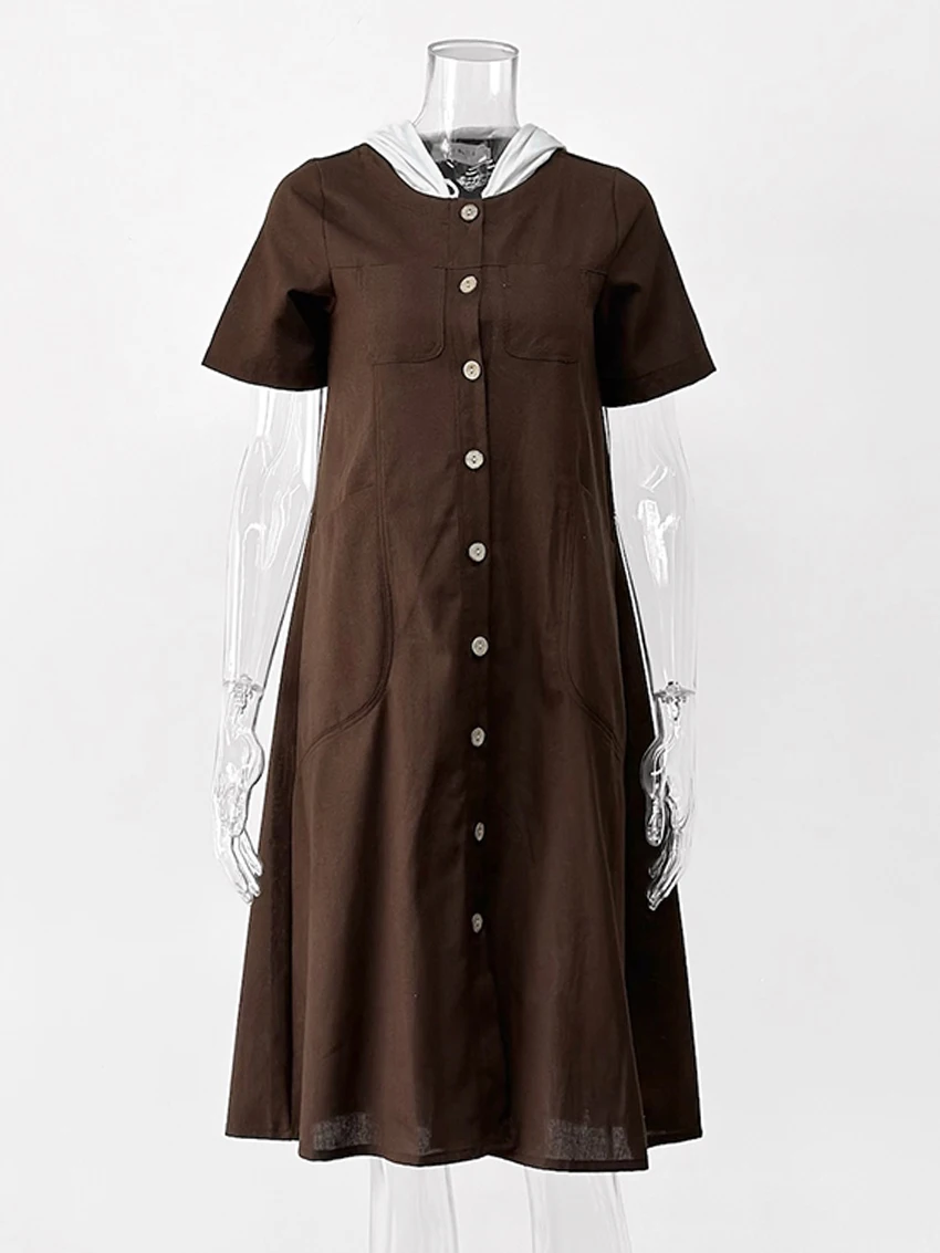 Parc Fee – robe mi-longue décontractée, ample, marron, à capuche, manches courtes, élégante, classique, Patchwork, à la mode, 2025