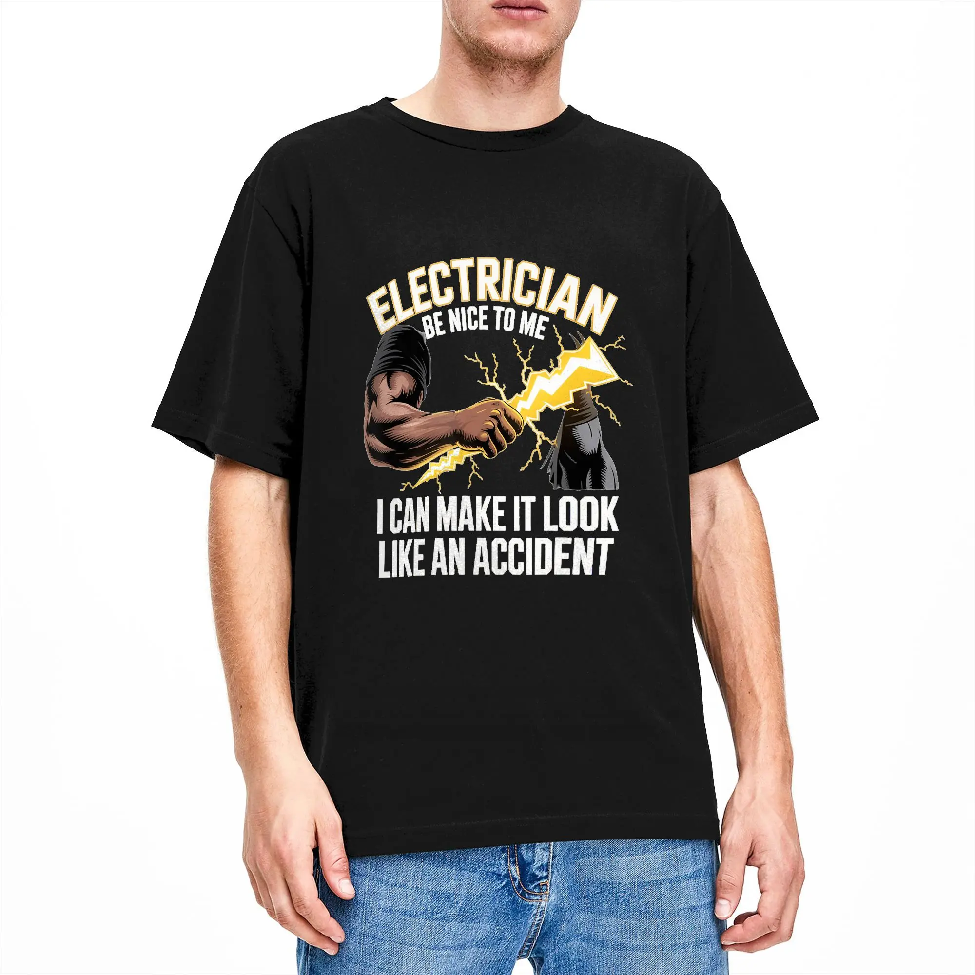 Humor Graphic Hand Holding Lightning Bolt Cheer Electrician T Shirt Beach Cotton T Shirts For Men Pattern Tee Shirt Short Sleeve