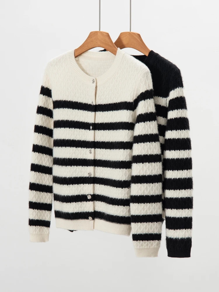 Thick O-Neck Autumn Winter Striped Cardigan Knitted Sweater Simple  Women's 100% Cashmere Soft Warm Comfort Grace Clothing Tops