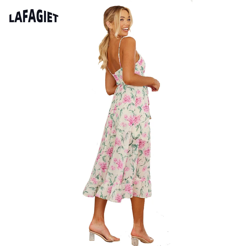 ผู้หญิงสลิงเซ็กซี่ฤดูร้อน Floral V คอหลวมยาวชุดปาร์ตี้ชุดวินเทจดอกไม้ชุดสวมใส่อย่างเป็นทางการสำหรับผู้หญิง
