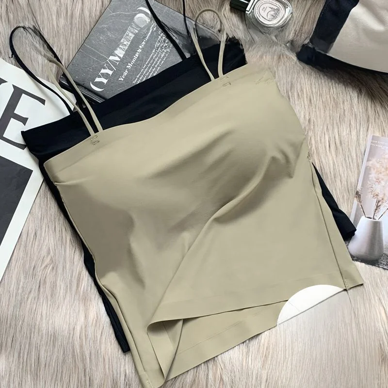 Ice Silk Strap Vest Fixed Cup Women's Underwear Tank Top Thin Style Base Shirt Sexy Style Short Length High Elasticity