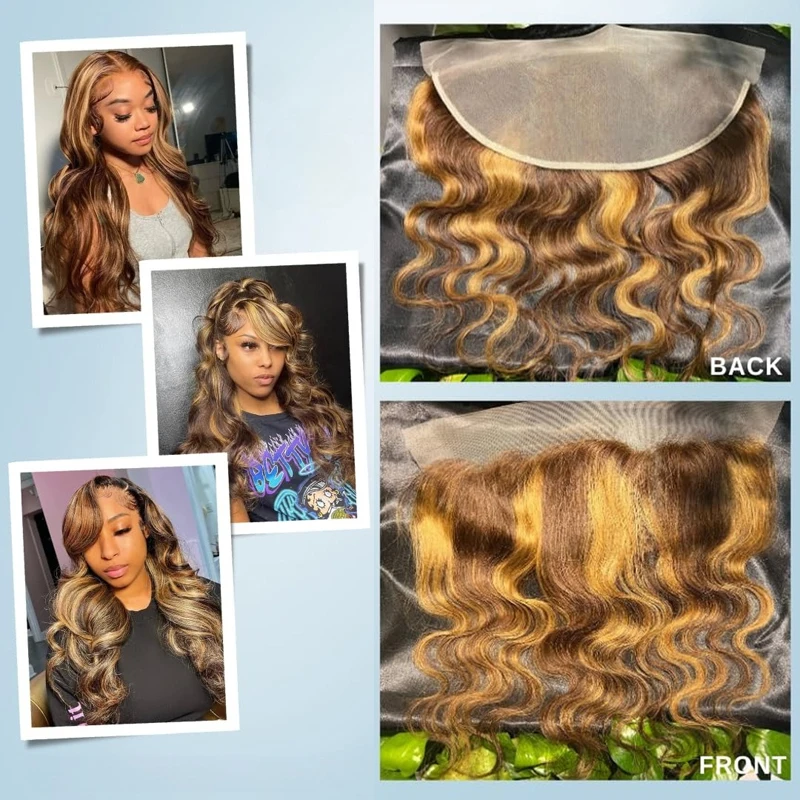 P427 허니 블론드 하이라이트 13x4 투명 레이스 프론탈 인모 바디 웨이브 옴브레 컬러 풀 엔드 브라질리언 버진 헤어 150%
