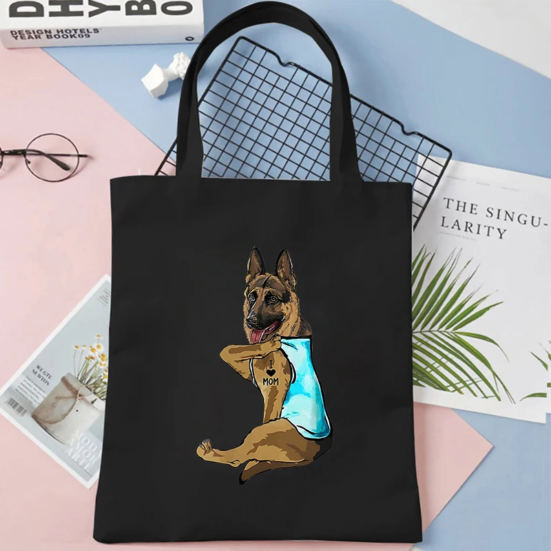 Funny Dog I Love Mom Print Shoulder Bags Women Canvas Tote Reusable Recycle Bag Eco Shopping Bags with Handbags Supermarket Bag