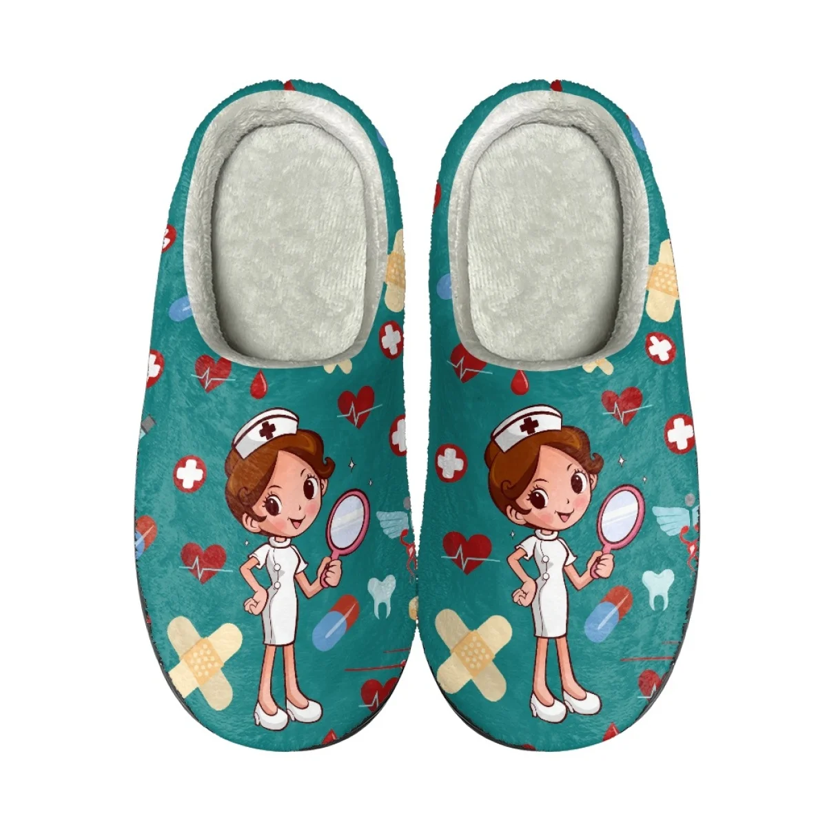 Cartoon Cute Blue Nurse Pattern Women Cotton Slipper Indoor Floor Couple Trendy Flat Shoes Autumn Winter Warm Home Plush Bedroom