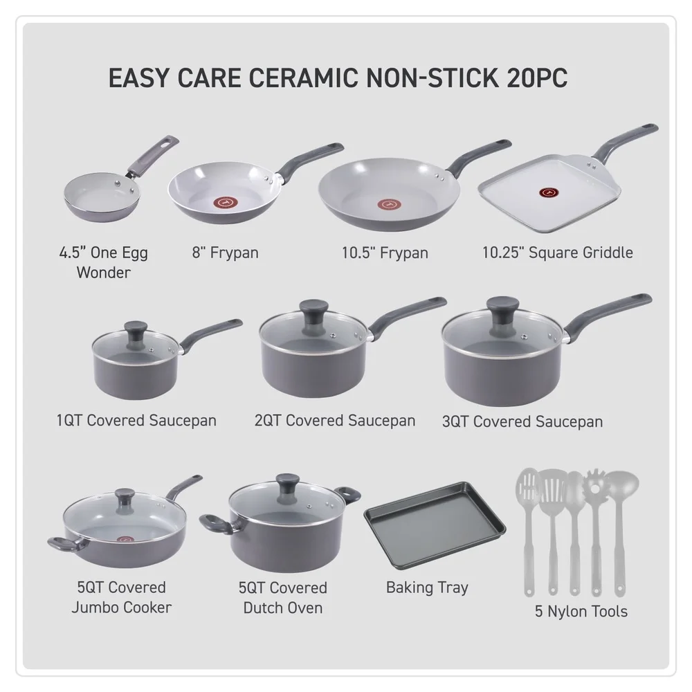 20 Piece Easy Care Ceramic Cookware Set Nonstick Pots Pans Thermo-Spot Technology Oven Safe Kitchen Essentials Cooking Tools
