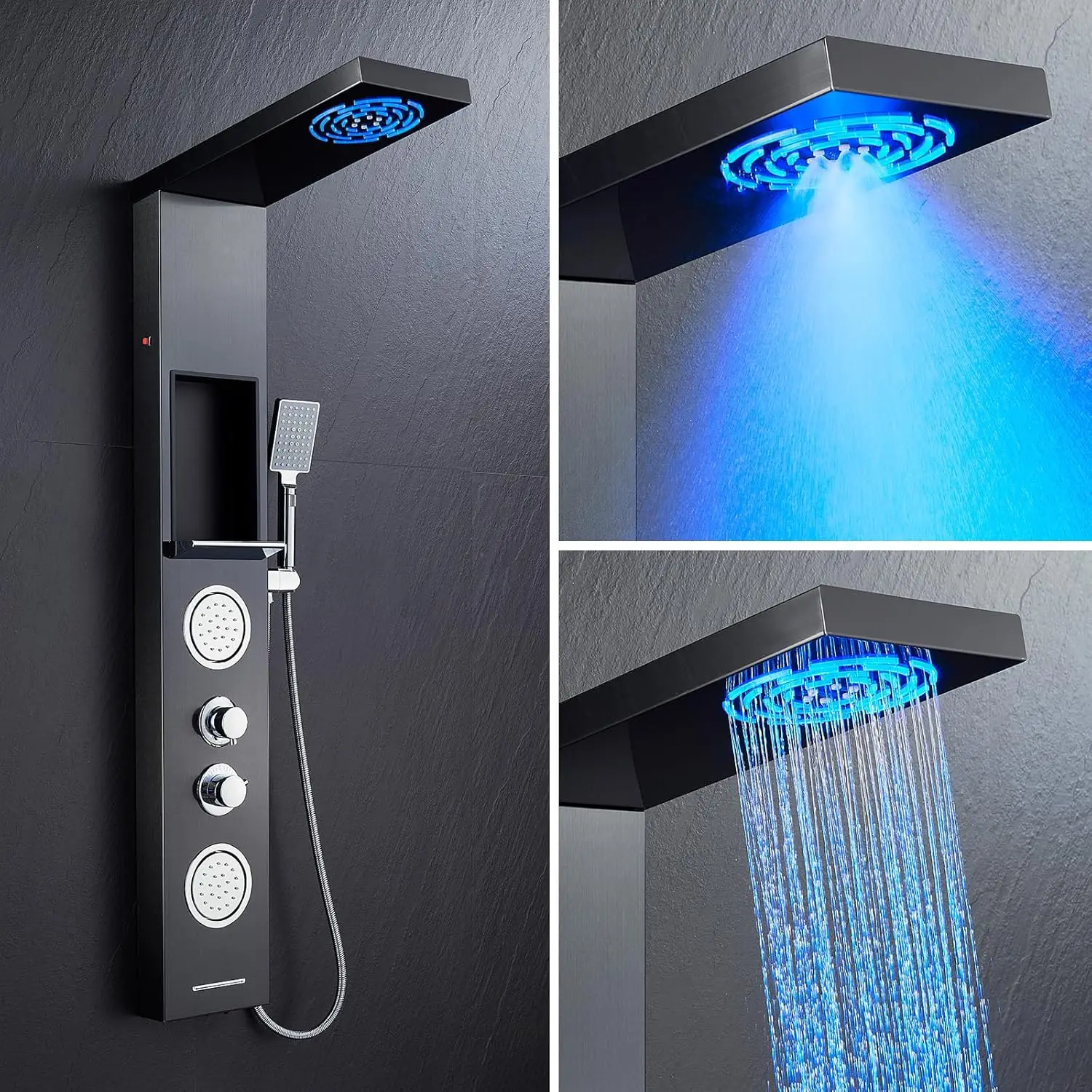 ROVATE Shower panel LED 304 Stainless Steel Tower System Bathroom shelf Mist Rainfall System Body Jets 3-Function Handheld Black