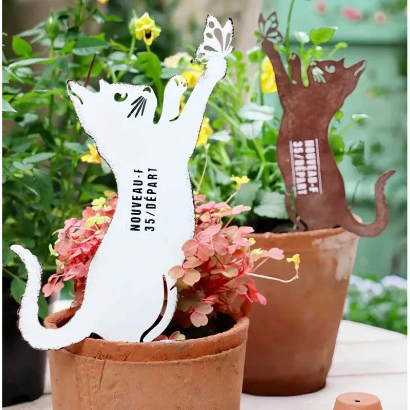 

Ins-Style Cat Flower Insert Garden Landscape Decoration Iron Art Flower Pot Accessory Animal Shaped Plant Label Tag For Plant