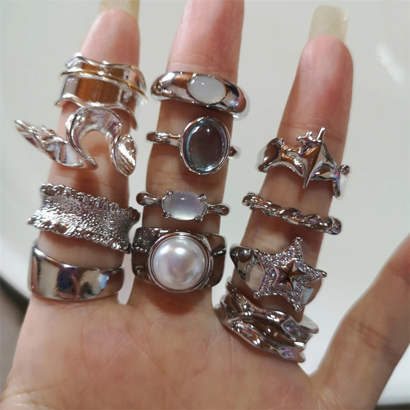 Trend Silver Color Star Rings For Women Girls Y2K Jewelry Vintage Charm Geometric Korean Fashion Accessories Gift Dropship