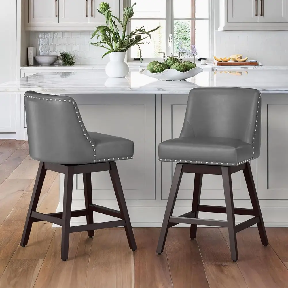 

Set of 2 Grey Swivel Bar Stools with Leather Upholstery and Wooden Legs for Kitchen Island or Dining Area