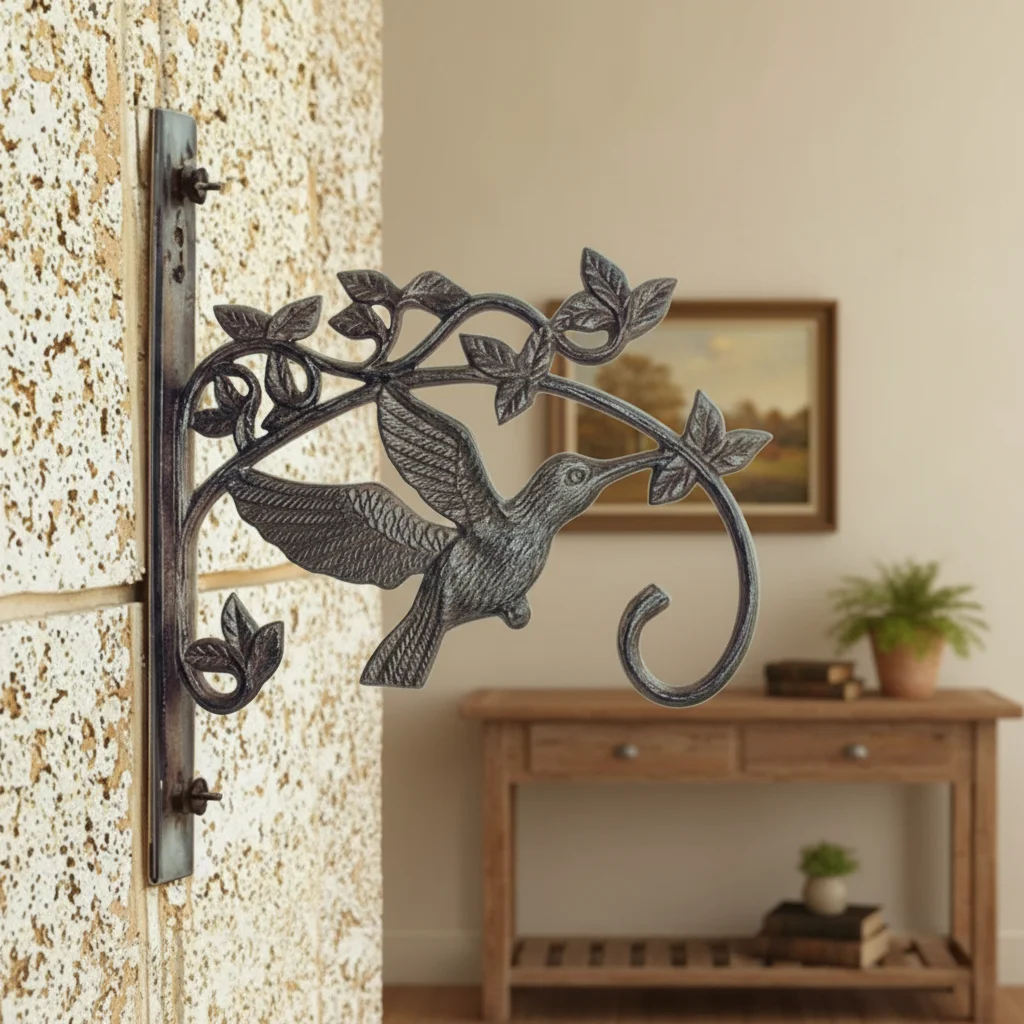 Adjustable Traditional Cast Iron Humming Bird Wall Basket Hook for Floral Arrangements & Planters hooks