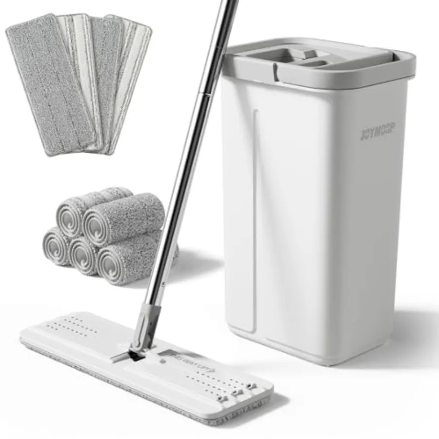 

Швабра и ведро с набором запястье с ручкой для швабры 61 дюйм с гибкой плоской головкой 13 дюймов и 9 подушечками для швабры из микрофибры — белый