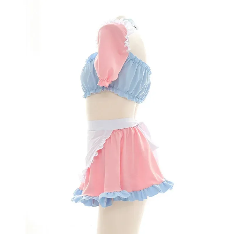 Sexy Lingerie Cosplay costumes Maid Outfit cute Home Cat Ear Pink Blue Top Short Skirt Server Uniform Women's Exatic Dress New
