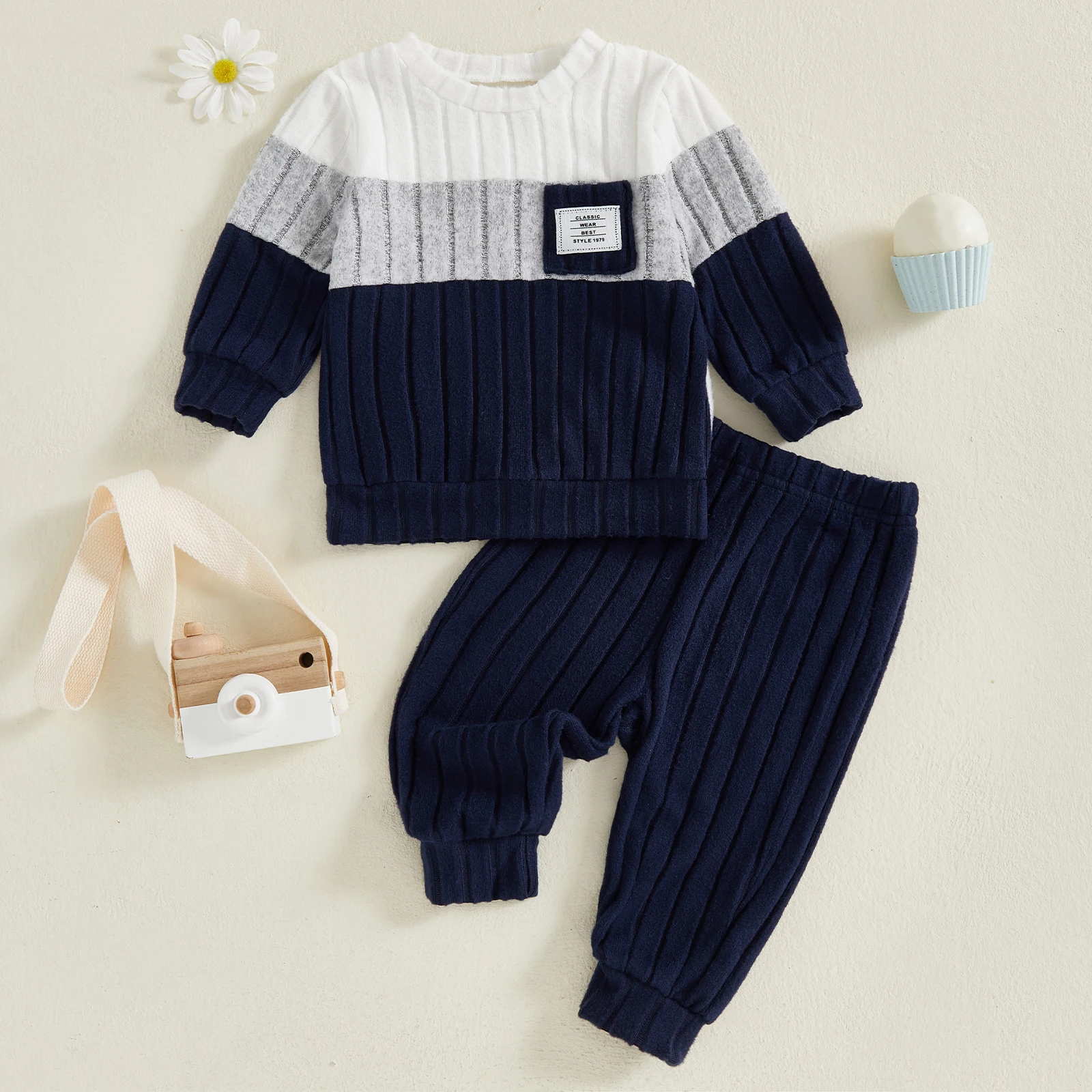 VISgogo 0-3 Years Boys Fall 2Pcs Clothes Sets Long Sleeve O Neck Patchwork Pullover Solid Color Pants