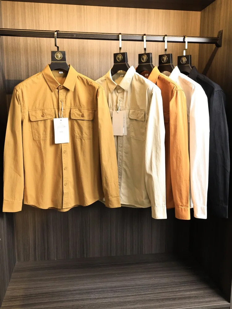 

Высококачественная хлопковая мужская рубашка с длинным рукавом, однотонная, легкая рабочая одежда, с деталями в стиле кэжуал, отложной воротник, модная, весна-лето