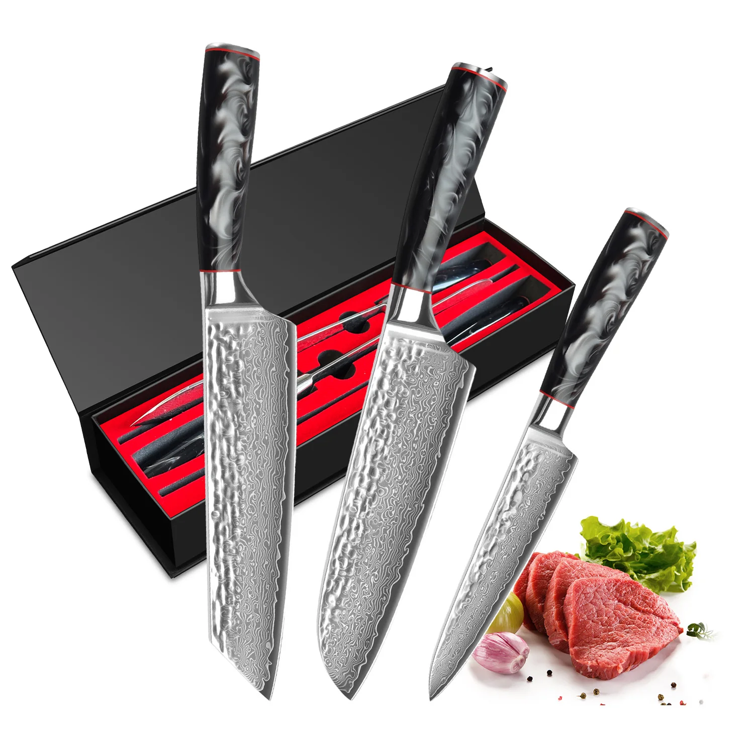 SIAZIH Damastmesser Set, 3-teiliges Messerset aus umweltfreundlichem & nachhaltigem 67 Schichten VG10 Damaststahl mit G10 Griff,Verarbeiten Sie mühelos eine Vielzahl von Zutaten, darunter Fleisch, Gemüse und Obst. – Detail 2
