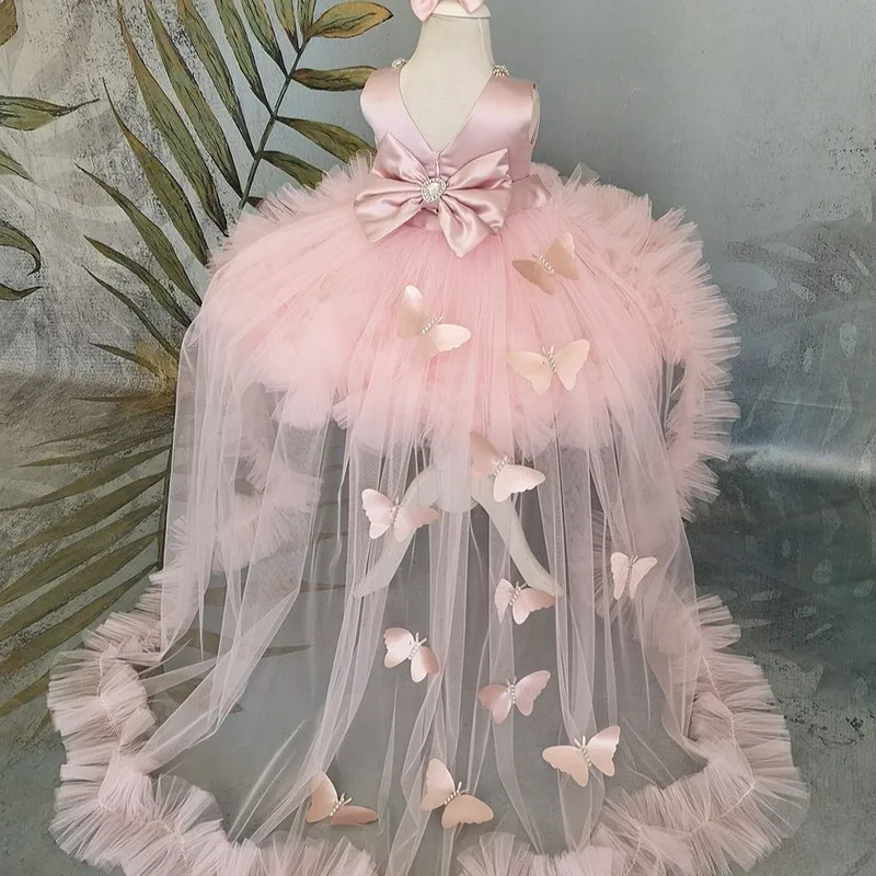 Geschwollene Mädchen Kleid rosa Baby kleid mit Zug Blumen mädchen Kleid Bogen niedlichen Kind Kind Geburtstags kleider Frist Kommunion