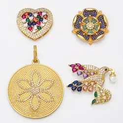 OCESRIO Trendy Big Rainbow Heart Pendant Copper Gold Plated CZ Flower Medal Fatima Hand Pearl Bird Jewelry Making DIY pdta838