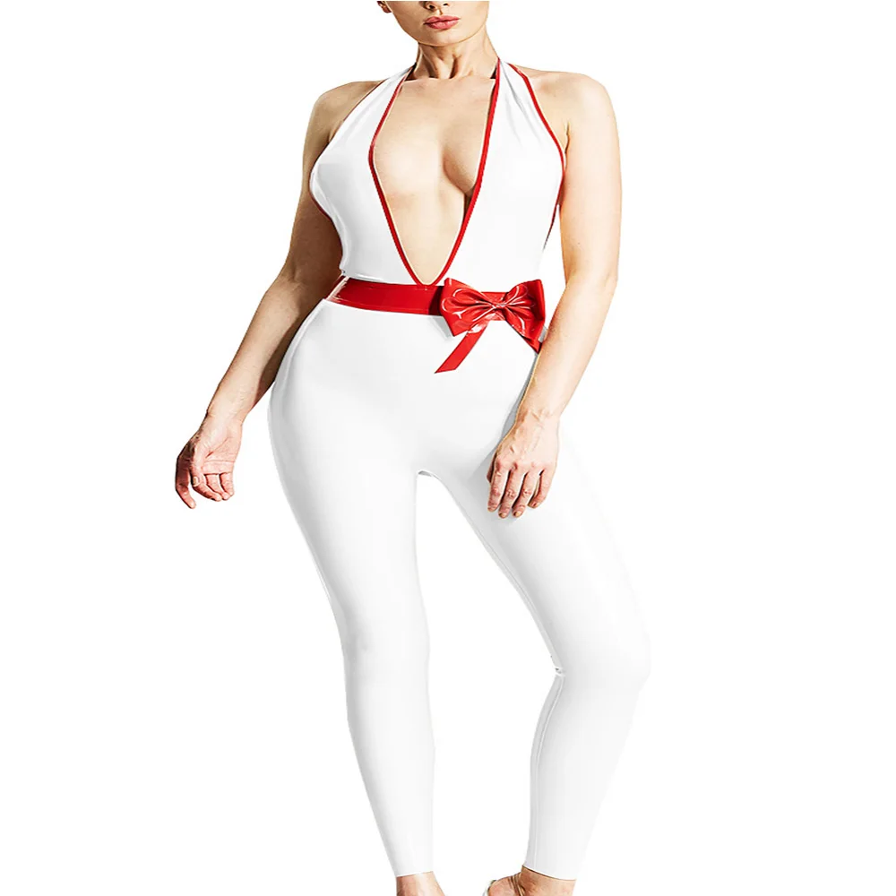 Women's Plus Size Sexy Bodycon Jumpsuit PVC Shiny Rompers with Bow Ribbon Erotic Deep V-neck Elastic Zentai Club Pole Dance Wear