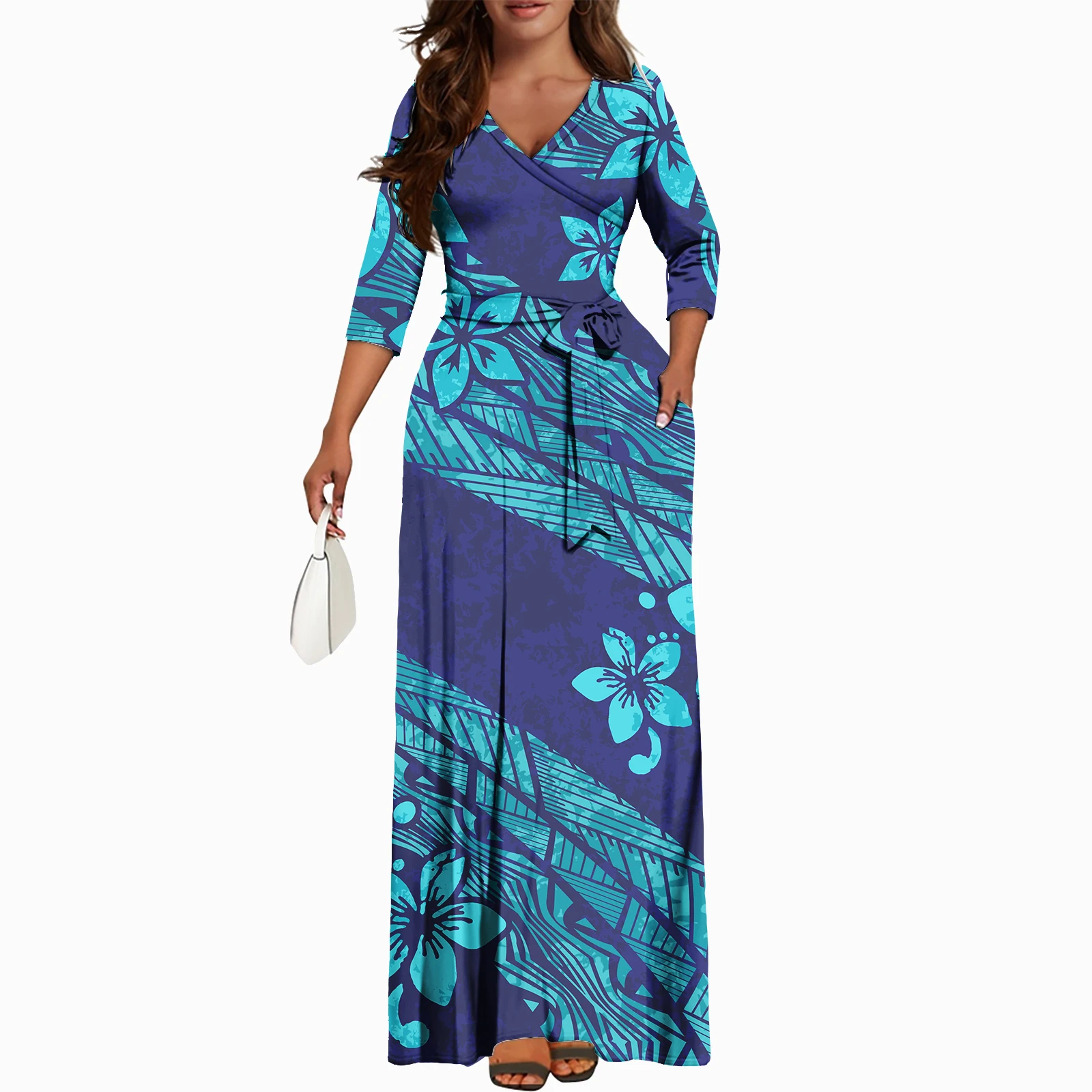 Fall Island Style Slim Dress With Pockets Plus Size Formal Luxury Design Polynesian Hawaiian Elegant Women\'s Dresses
