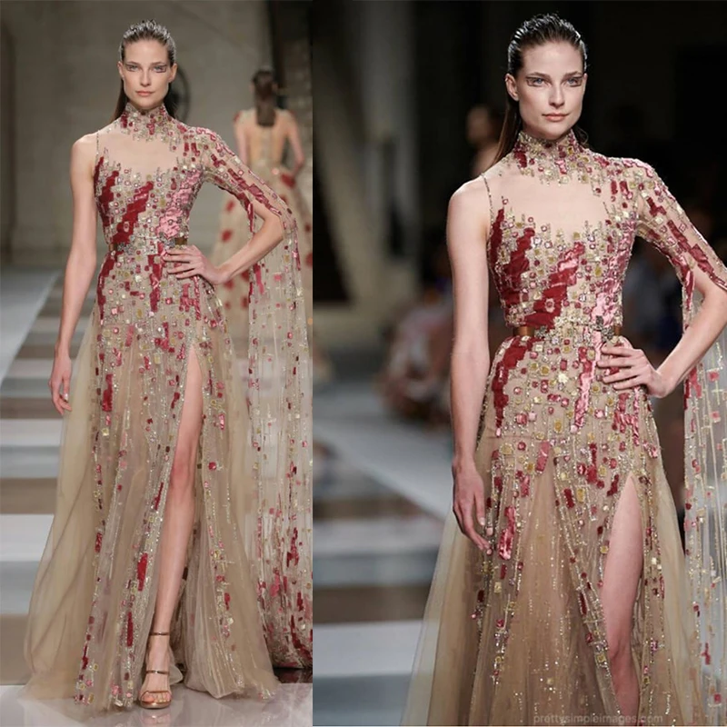 Hot Sale One Long Sleeves Champagne Gold Embroiery Red Velvet فساتين السهرة vestidos de fiesta فساتين سهره evening dresses