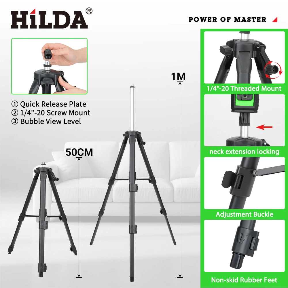 HILDA Laser Level 2 Linien selbstnivellierender Laser mit grünen Strahlen, horizontale und vertikale Kreuzlinie mit 1 m Stativ zum Aufhängen von Bildern – Detail 6