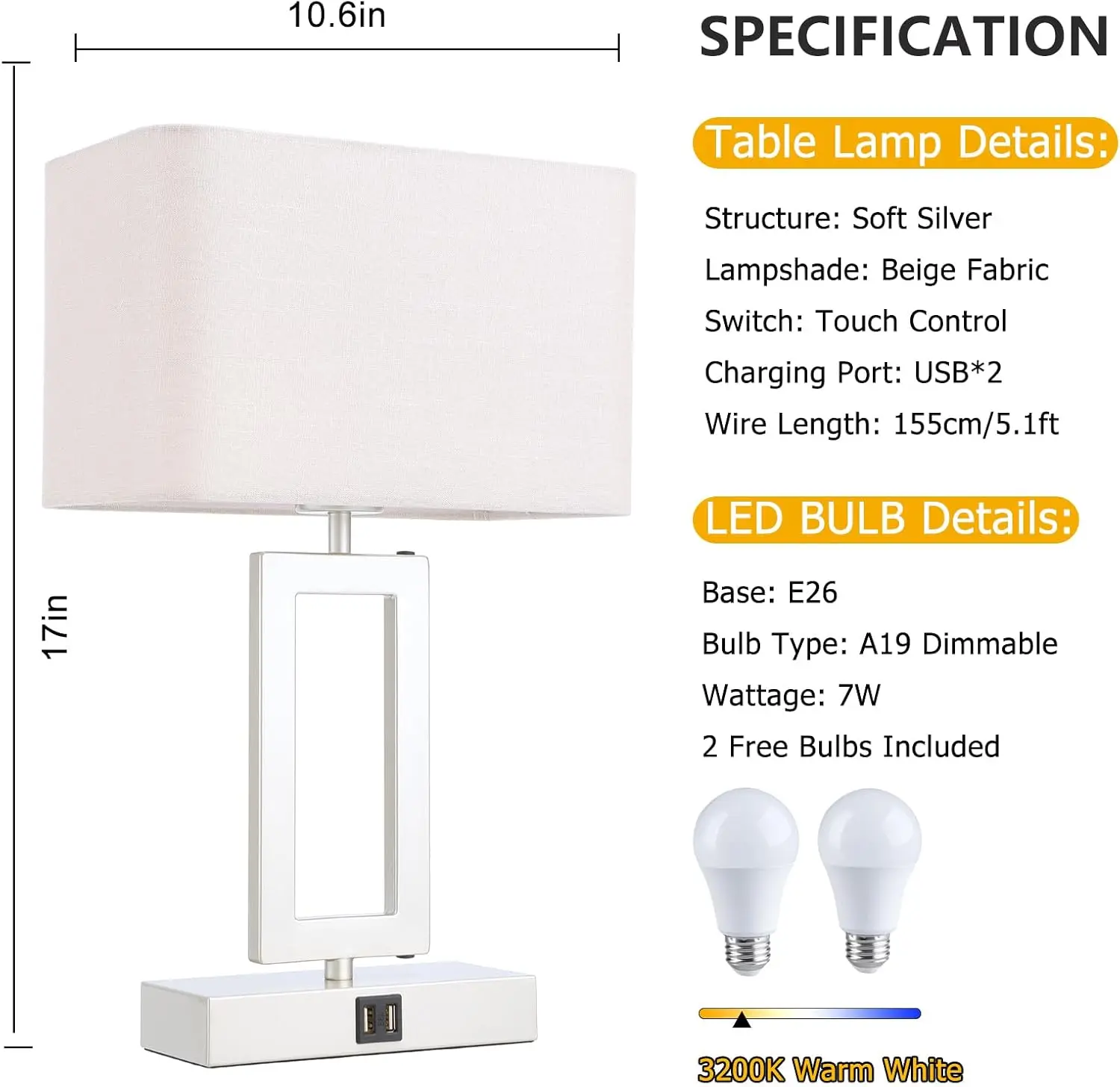 Imagem -04 - Conjunto de Lâmpadas de Candeeiros de Mesa com Controle de Toque com Portas Usb Vias Reguláveis Lâmpadas de Cabeceira para Quartos Lâmpada Prateada fo