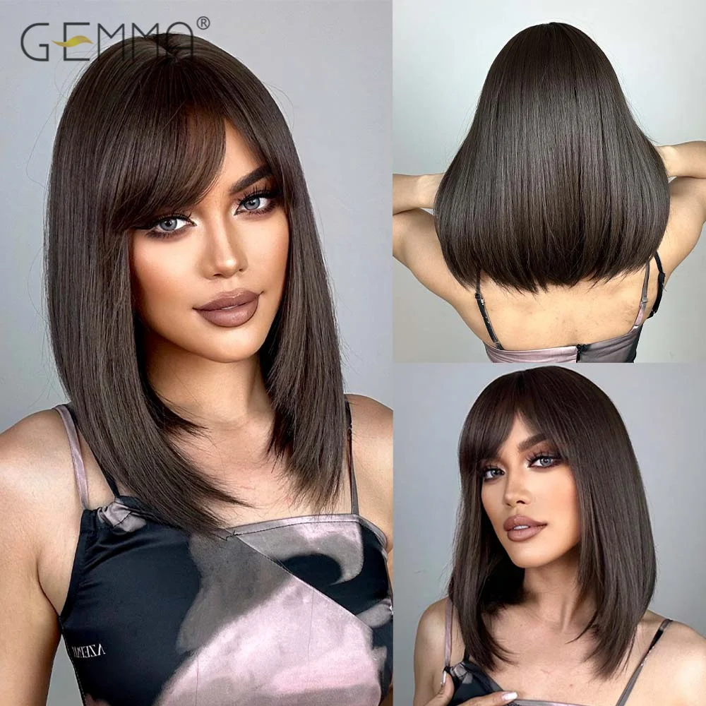 GEMMA Honey Brown Straight Synthetic Wig with Bangs Shoulder Length Wigs for Women Cosplay Daily Hair Wig Heat Resistant Fiber