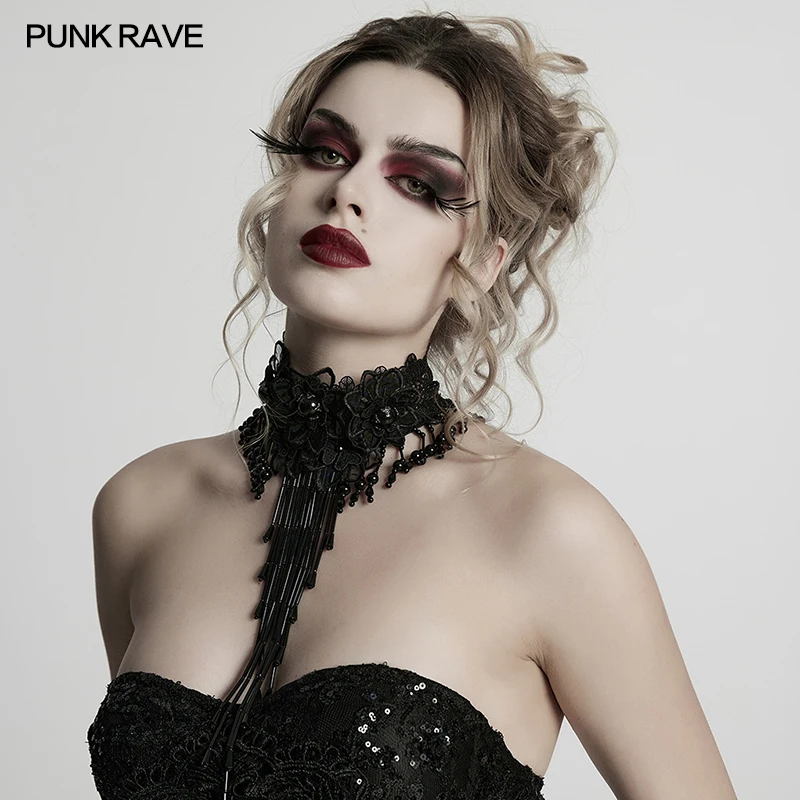 

Женское готическое кружевное сетчатое ожерелье в стиле панк-рейв с цветами, черные драгоценные камни, великолепное длинное ожерелье с кисточками, 3D элегантное вечерние колье, аксессуары