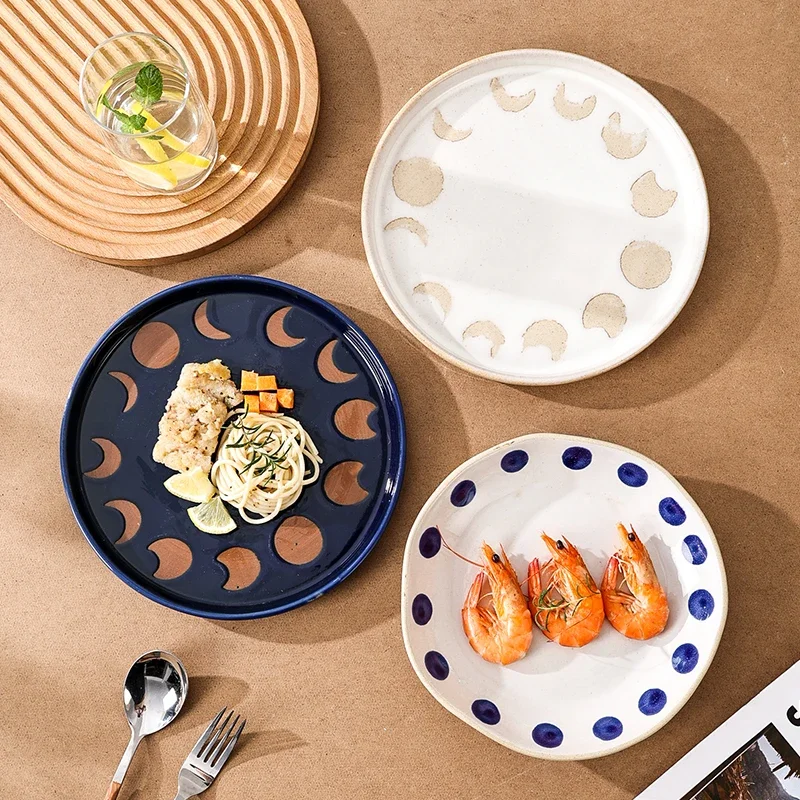 Japanese Vintage Hand Painted Dots Daisy Pottery Deep Plates Creative Moon Star Steak Flat Plate Handmade Salad Dinner Dishes