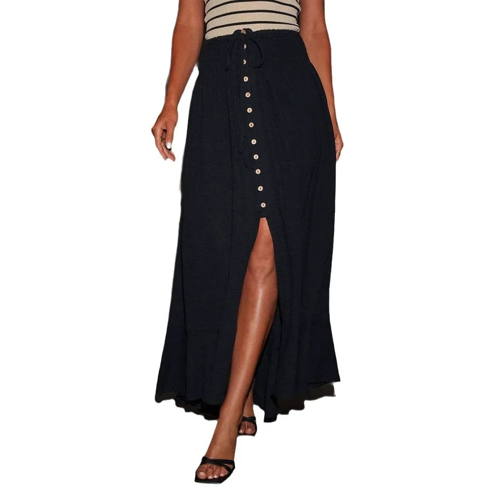 

2026 New Spring Summer Women's Maxi Skirt Solid Color Tie Waist Ruffle Hem Split Long Skirt For Women European Style Streetwear