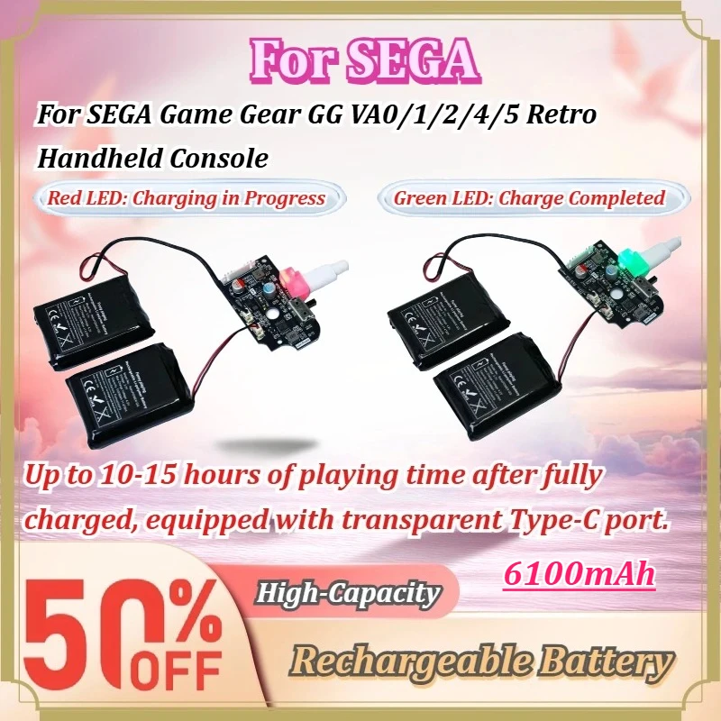 For SEGA Game Gear GG VA0/1/2/4/5 Retro Handheld Console 6100mAh Li-Polymer Battery Power Board Type-C Charging Mod Upgrade Kit