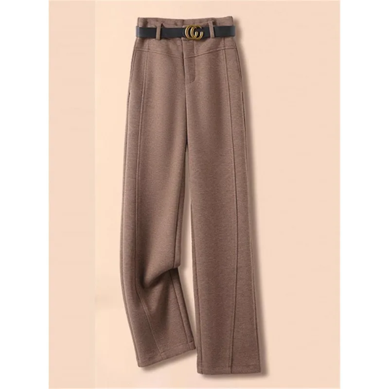 Pantalones estrechos color camel para mujer y pantalones casuales drapeados de cintura alta de invierno, pantalones de traje holgados y ajustados