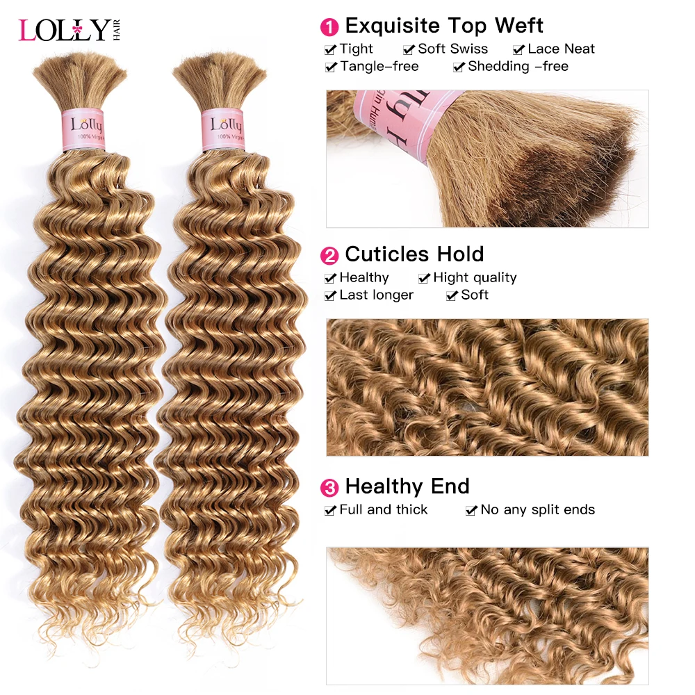 #27 Honey Blonde Bulk Human Hair For Braiding Deep Wave Human Hair Bundles No Weft Bundles For Women Hair Extensions