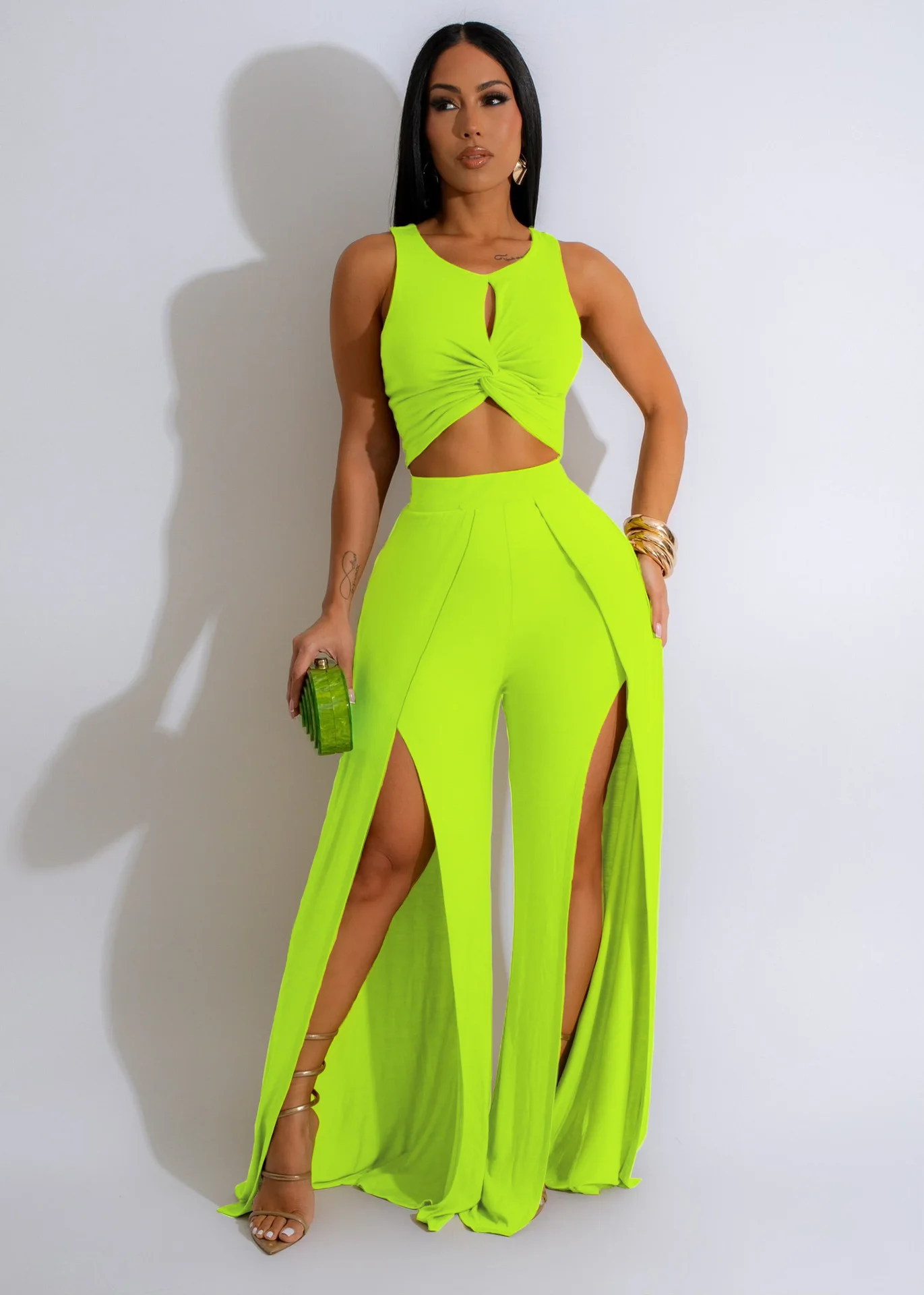 Tw468 European and American Ebay Fashion Casual Suit Slit Vest Wide-Leg Pants Two-Piece Set for Women Cross-Border Amazon Goods