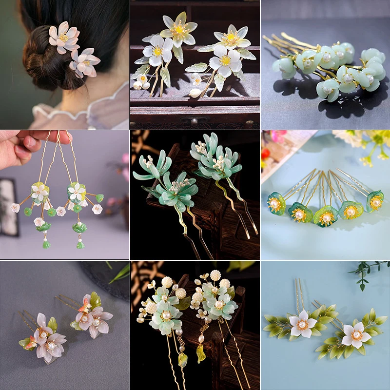 1Pair Vintage Hairpin Glazed Flower Tiara Chinese Hanfu Hair Accessories Lotus Shaped U-shaped Hair Forks Retro Hanfu Headwear