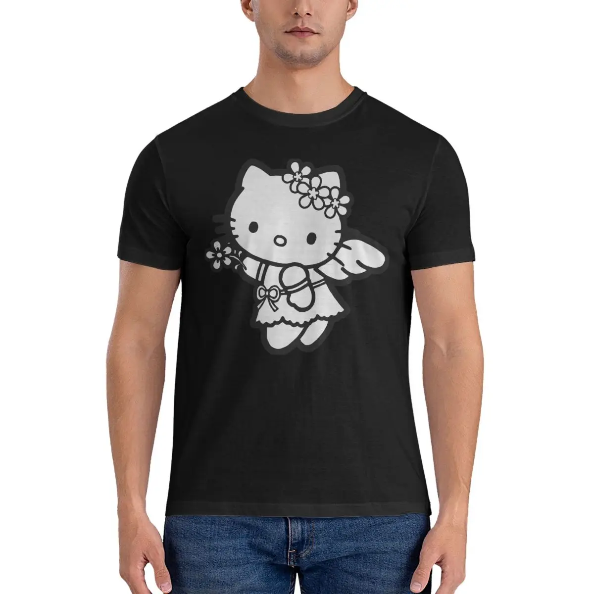 Wing Men's T Shirts Hello Kitty Leisure Tee Shirt Short Sleeve Crewneck T-Shirts Cotton Summer Clothing