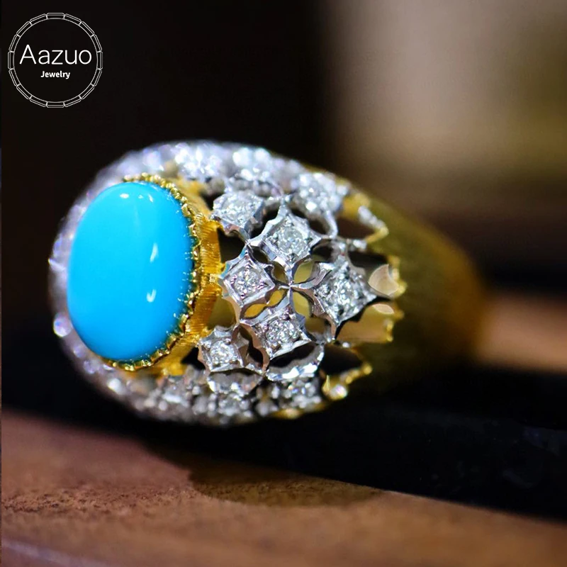 

Aazuo High Quality 18K Pure Yellow Gold Natural Turquoise stone Diamond Luxury Ring Gifted For Women&Man Engagement Party Au750