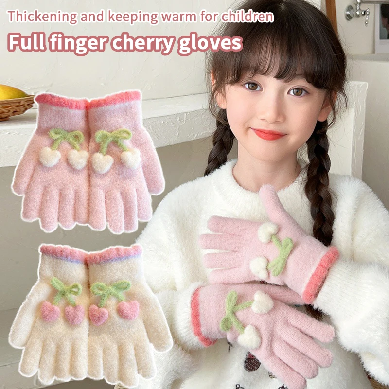 6-12 سنة الكورية الحلو الكرز الحب الأطفال الدافئة قفازات كاملة الأصابع الشتاء يندبروف رشاقته الفتيان الفتيات طفل الدراجات القفازات
