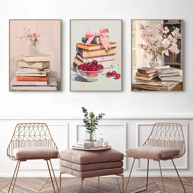 Book Lover Print Poster Stack of Books Bookworm Pastel Canvas Painting Trendy Wall Art Apartment Aesthetic Study Room Home De - view 3