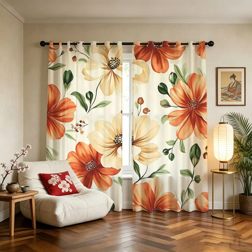 Retro Orange Floral Printed Curtains 2 Panels Light Blocking Rate 85% Darkening Decoration Curtains Farmhouse Bedroom Window