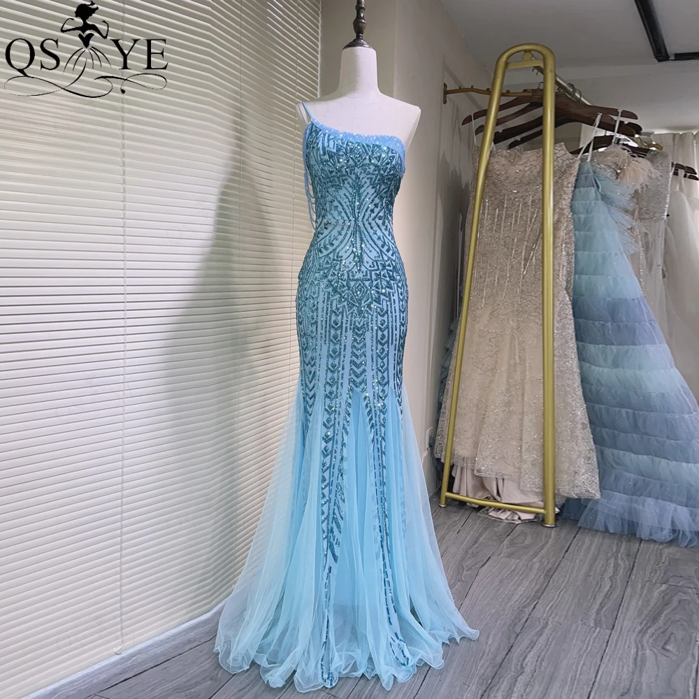 

One Strap Light Blue Prom Dress Mermaid Crystal Beaded Strings Pattern Sequin Lace Evening Dress Tulle Bottom Party Gown 2024