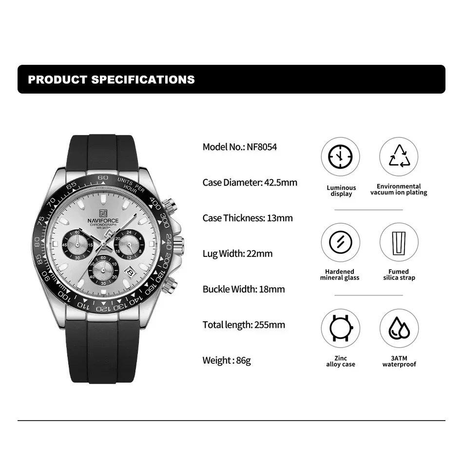 NAVIFORCE Original Watches For Men Silicone Band Casual Sport Chronograph Luminous Wristwatch Relogio Masculino Male Gift 2024