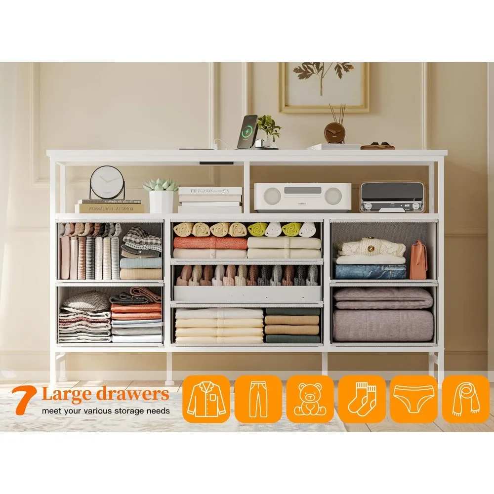 Fixwal Suporte de TV de 55 polegadas para quarto Cômoda branca com luzes LED e estação de carregamento, suporte de TV de 65 polegadas de comprimento com 7 F