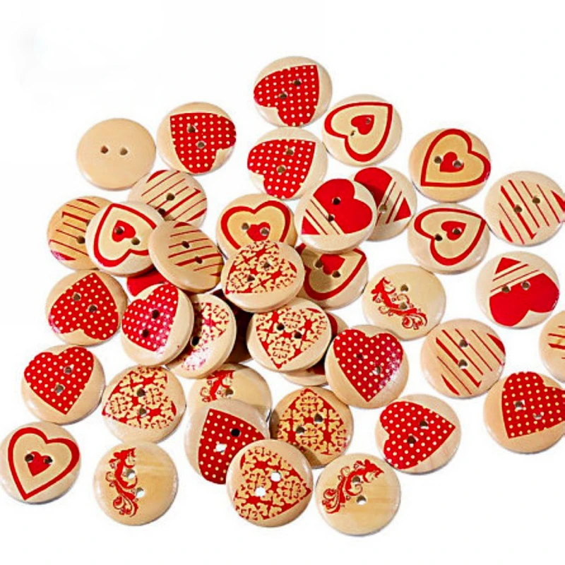 30PCs Wooden Sewing Buttons Scrapbook Round Mixed 2-Holes Heart Pattern 20mm Decorate sewing accessories craft supplies