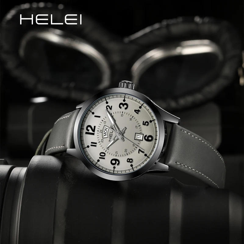 HELEI 2024 New Fashion Leisure Week Date Dial Men's Clock Quartz Movement Male Quartz Watches Men's watches Leather Band Gift