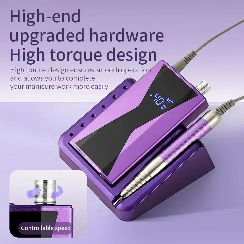 Brushless máquina elétrica prego broca, recarregável, portátil, profissional, 40000RPM, 3 cores, roxo, Nail Art