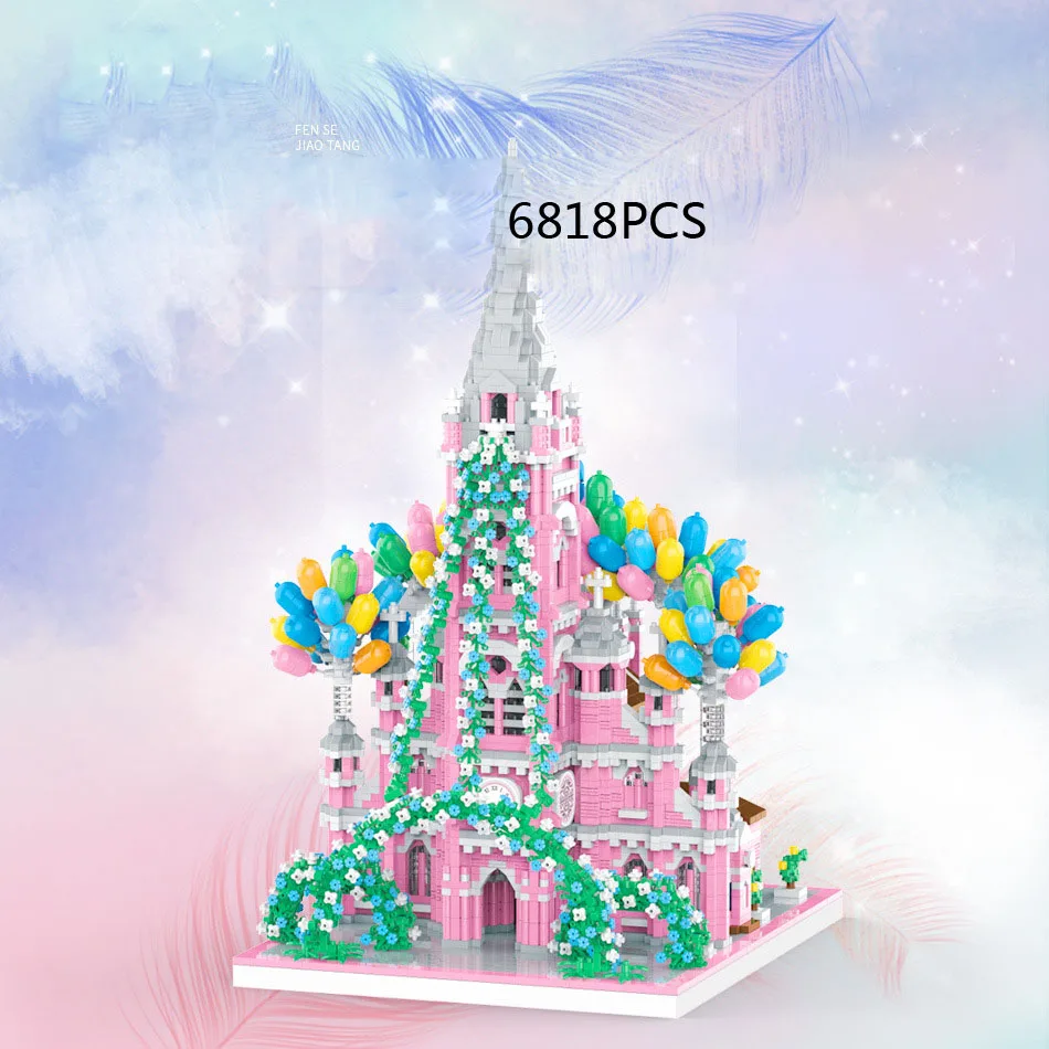 Creative Vietnam Pink Sacred Heart Church of Jesus Building Brick Micro Diamond Block World Famous Architecture Nanobricks Toys