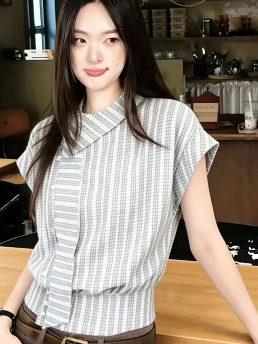 

2026 Spring Season Women's Plaid Shirt with Sash Short Sleeve Knot French Style Breathable Skin-Friendly Shirt